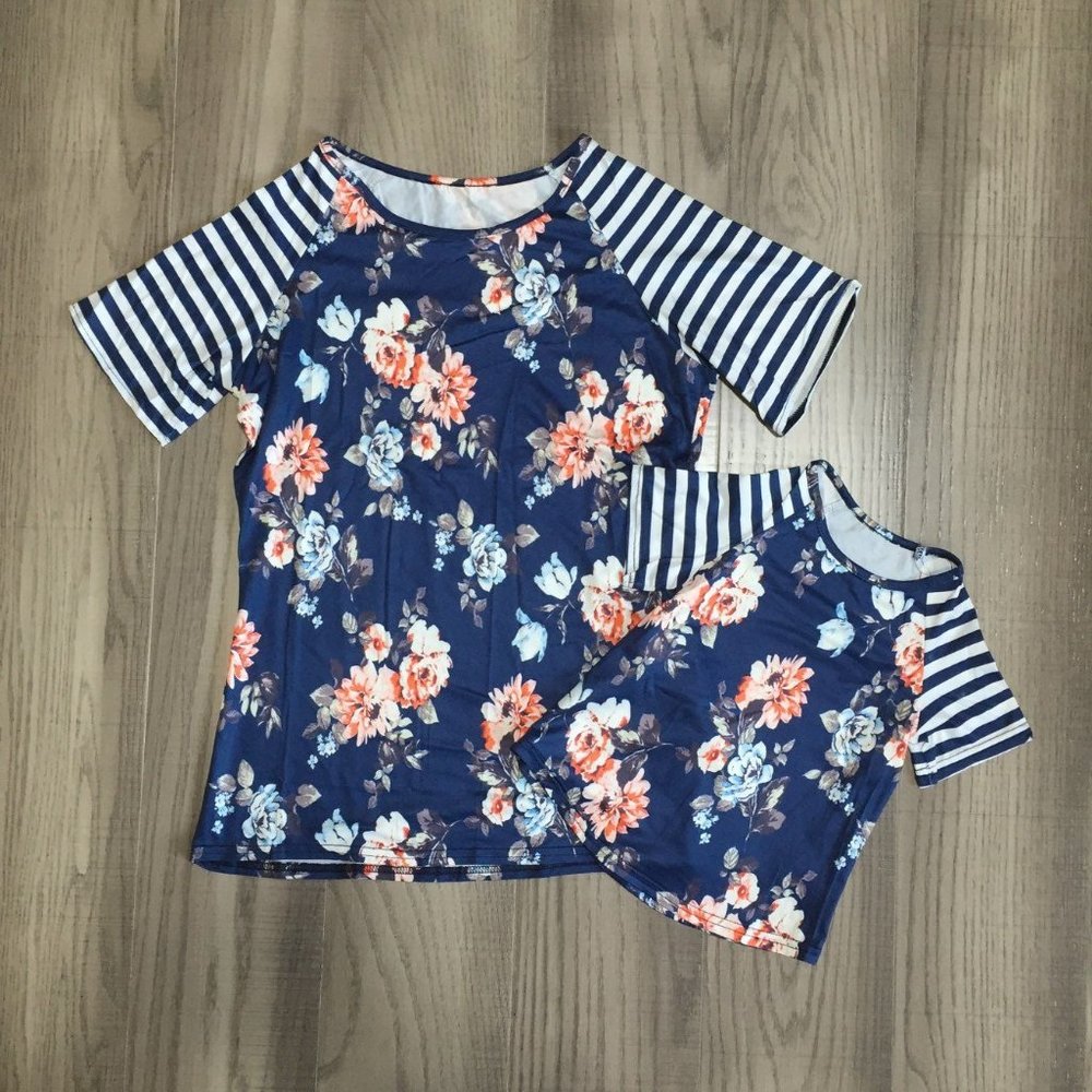 Mommy & Me Womens Girls Blue Floral Short Sleeve Shirt